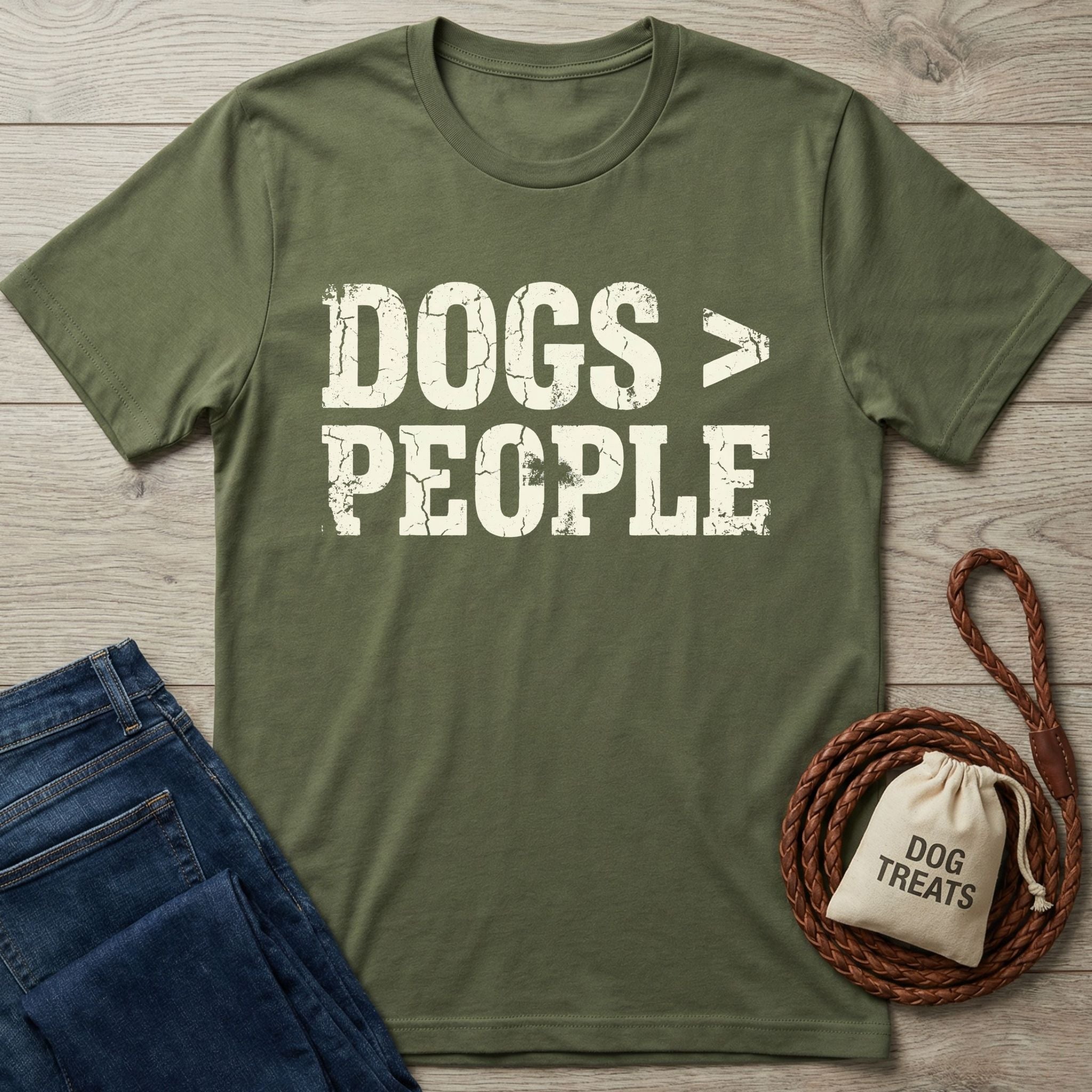 Olive green Gildan Softstyle® 64000 tee with "DOGS > PEOPLE" distressed white text, beside jeans and dog treats.
