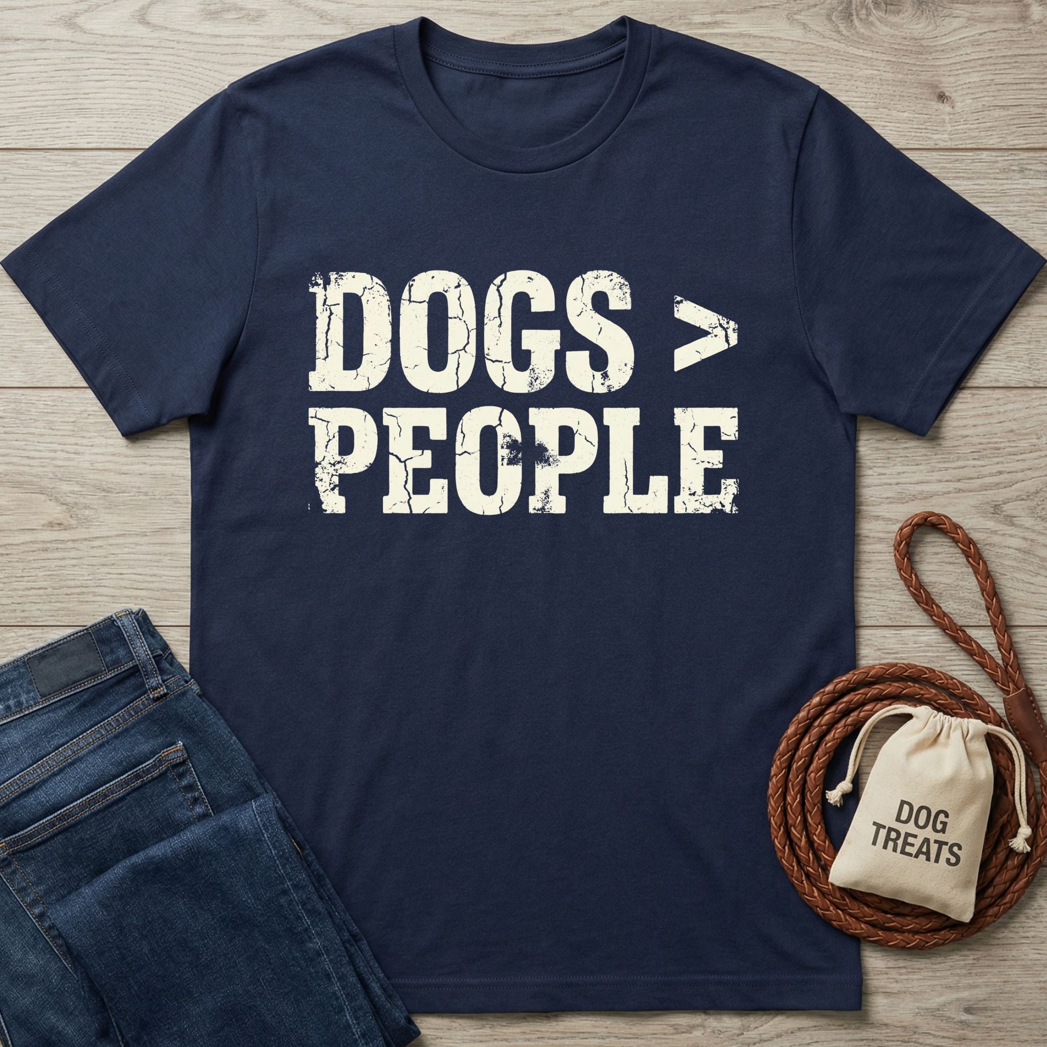 Navy blue Gildan Softstyle® 64000 t-shirt with "DOGS > PEOPLE" in distressed white text, next to jeans and dog treats.