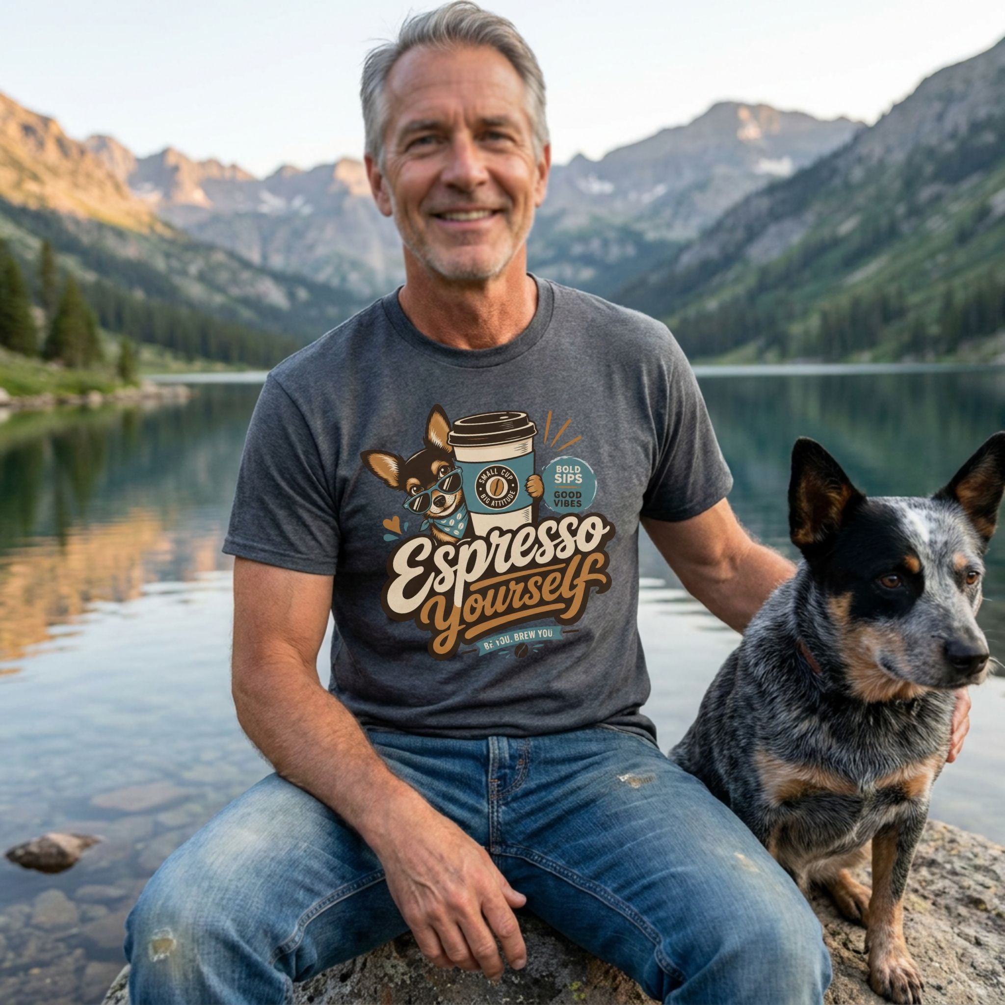 Man wearing a charcoal grey crewneck t-shirt with an Espresso Yourself graphic featuring a dog with sunglasses and coffee.