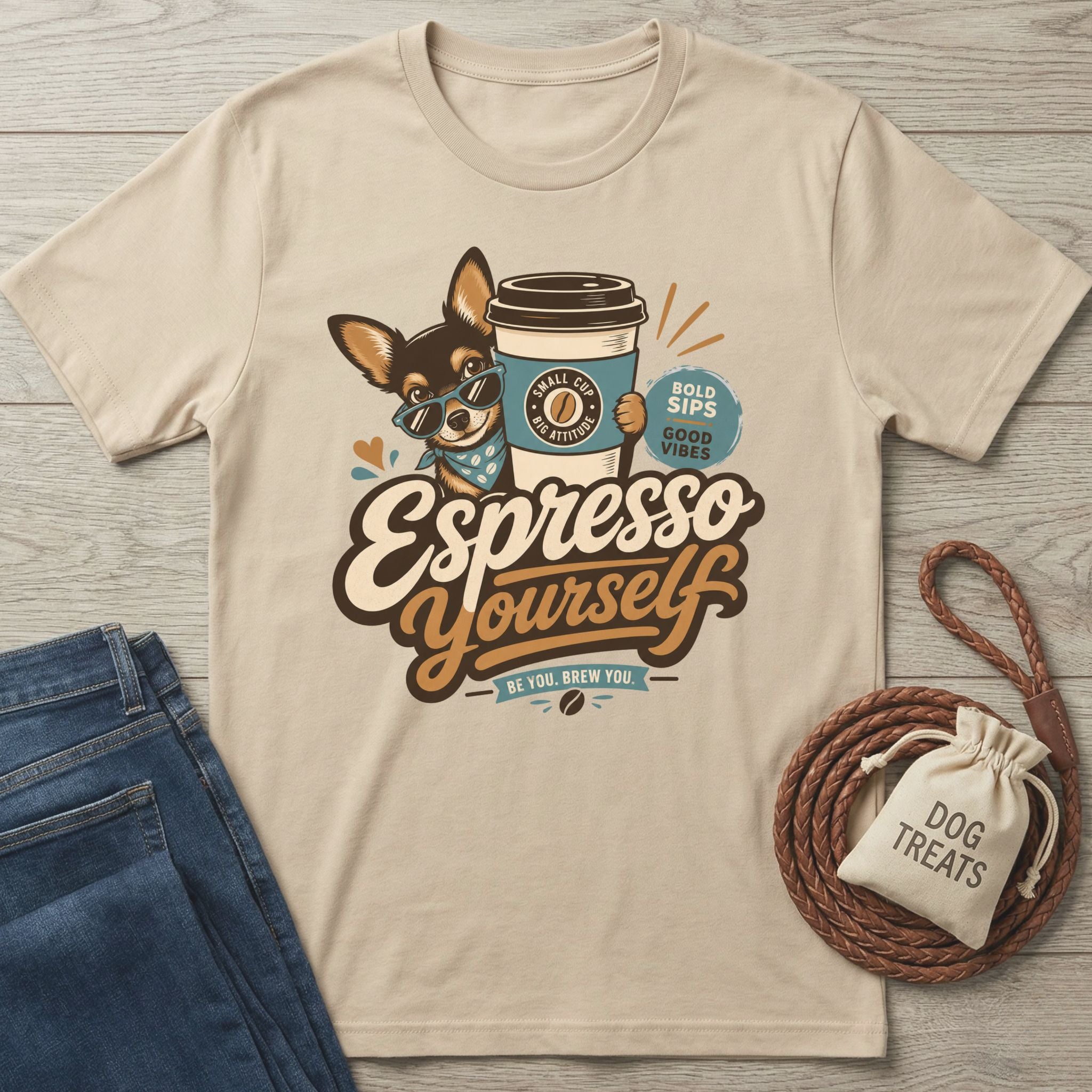 Beige cotton t-shirt featuring a chihuahua in sunglasses holding a coffee cup with Espresso Yourself text graphic.