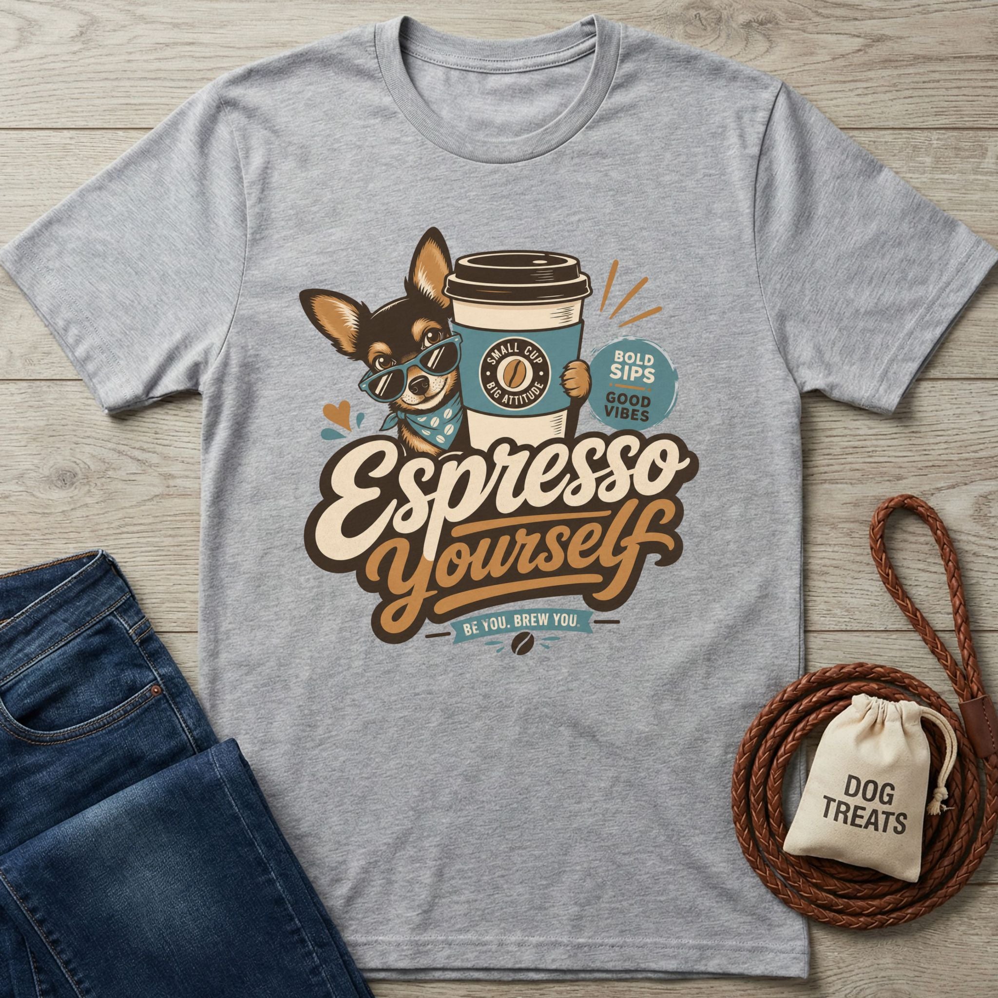 Grey t-shirt featuring a chihuahua in sunglasses holding a coffee cup with the text Espresso Yourself.