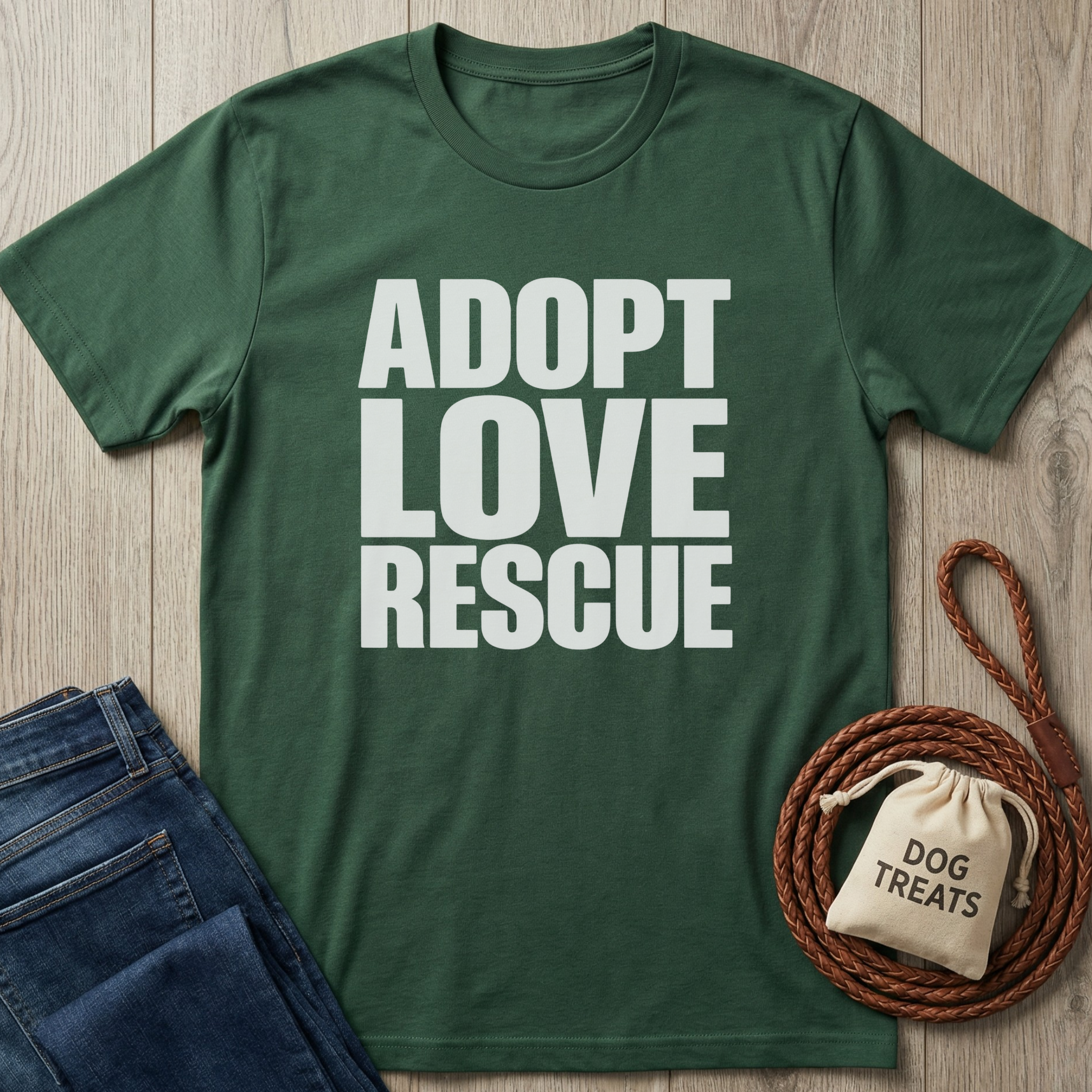 Dark green cotton t-shirt with "ADOPT LOVE RESCUE" in white text, next to jeans, dog treats, and a leash.