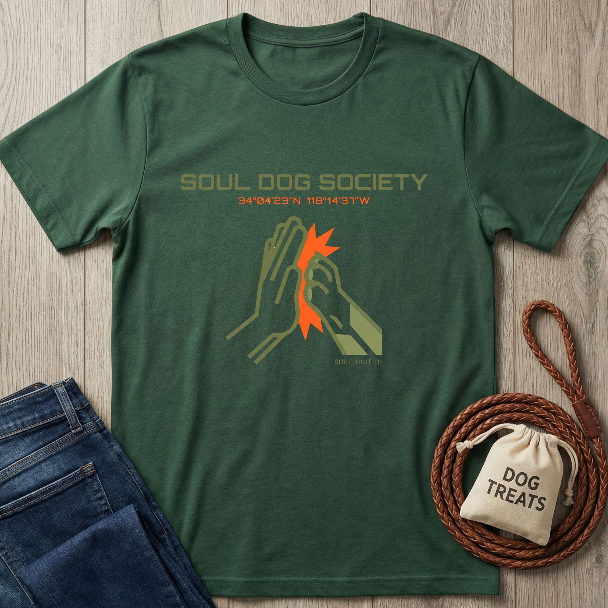 Forest green Soul Unit T-shirt with "Soul Dog Society" text and a high-five graphic, next to jeans and dog treats.