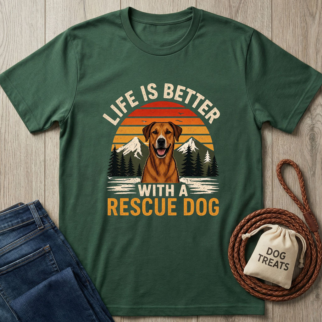 Forest green Gildan Softstyle® tee with "Life is Better With A Rescue Dog" graphic.