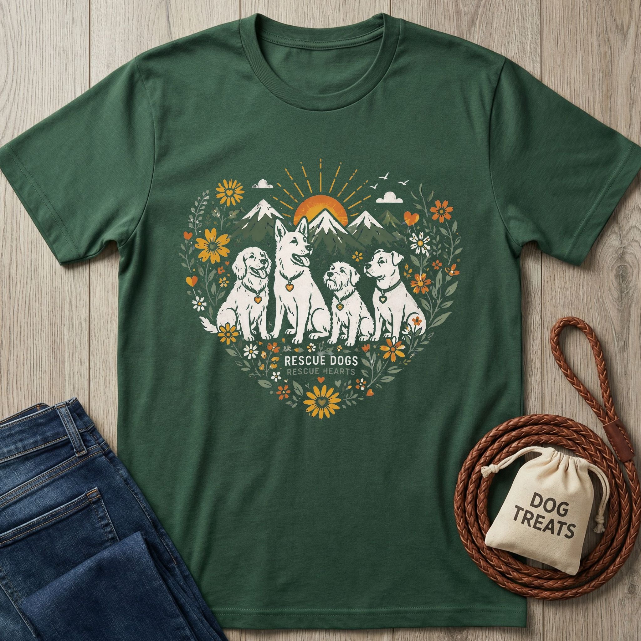 Forest green Gildan Softstyle® t-shirt with a heart-shaped floral design surrounding four rescue dogs and mountains.