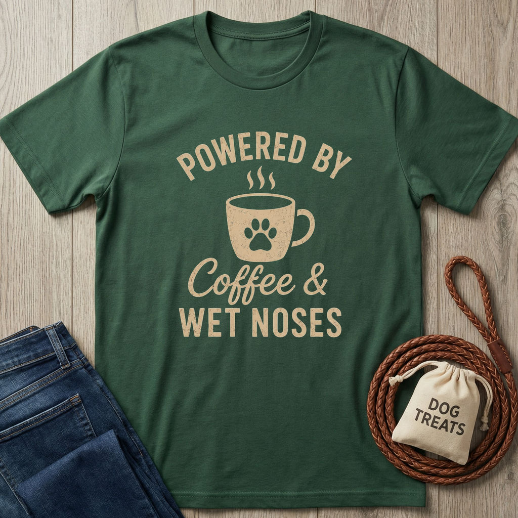 Dark green "Powered by Coffee & Wet Noses" t-shirt with a paw print coffee cup design, next to jeans and dog treats.