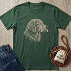 Forest green t-shirt with a sketch-style portrait of a happy dog holding a bone.