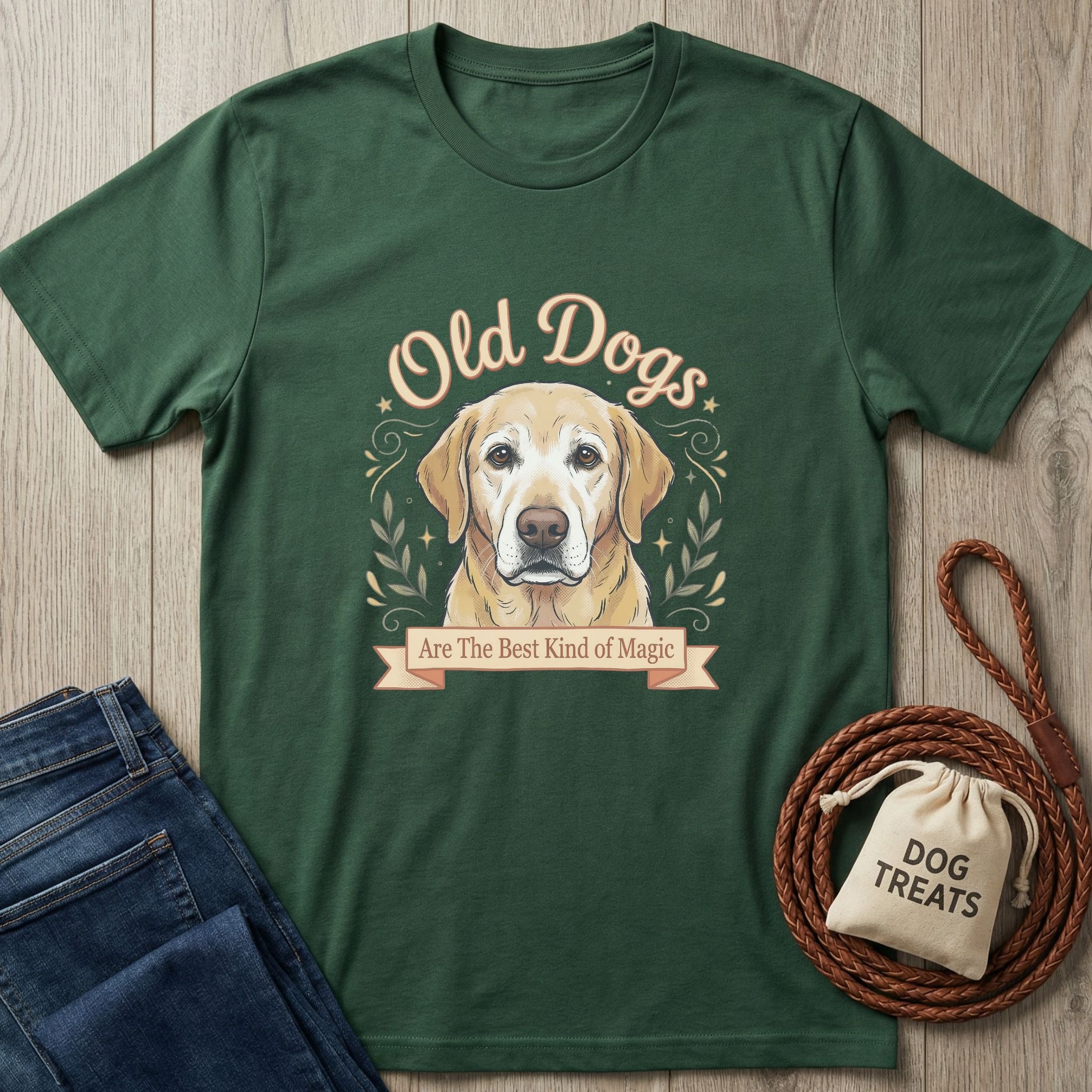 Forest green Gildan Softstyle t-shirt with a yellow lab graphic and "Old Dogs Are The Best Kind of Magic" text.