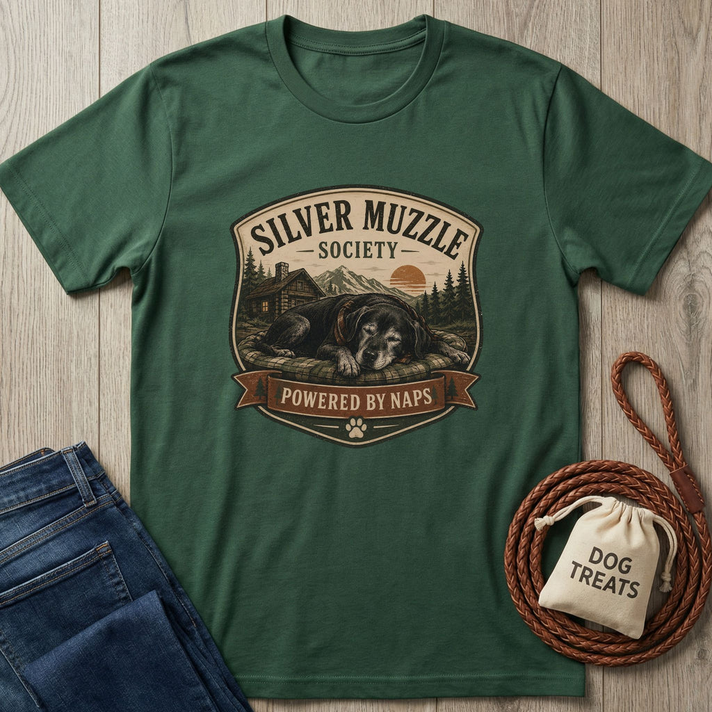 Dark green "Silver Muzzle Society" t-shirt with a sleeping senior dog graphic, next to jeans and dog treats.