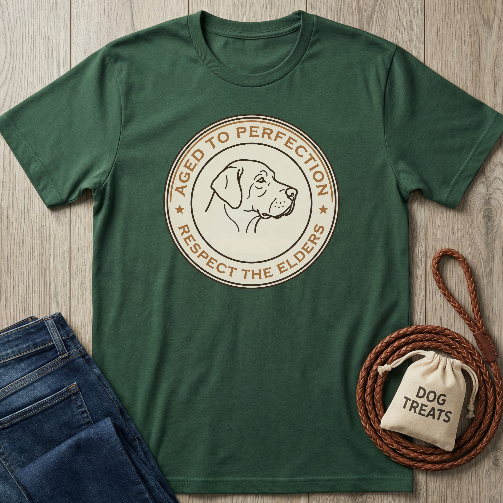 Green cotton t-shirt with "Aged To Perfection, Respect The Elders" dog design.