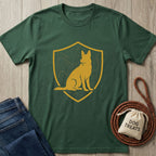Forest green Rescue Shield T-shirt with a gold canine silhouette in a shield emblem.