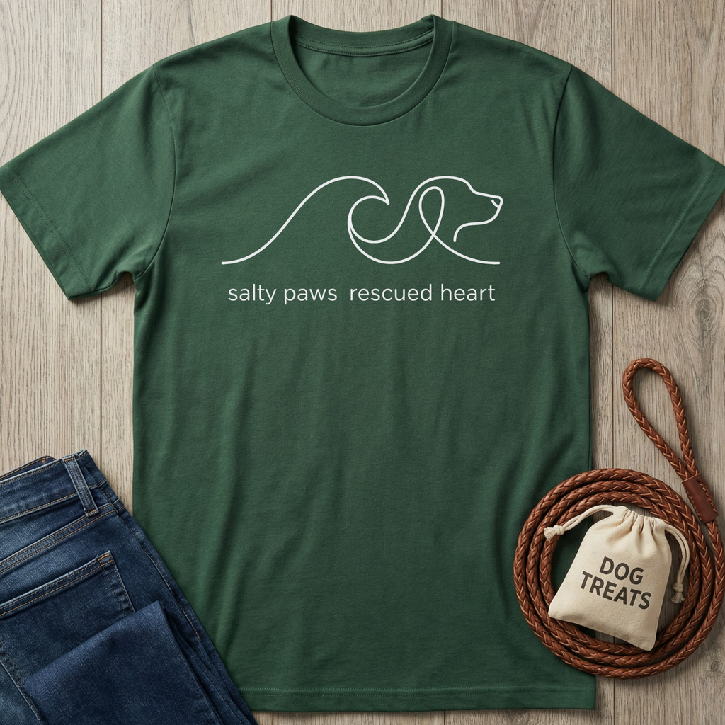 Dark green cotton t-shirt with white "salty paws rescued heart" text and dog outline design.