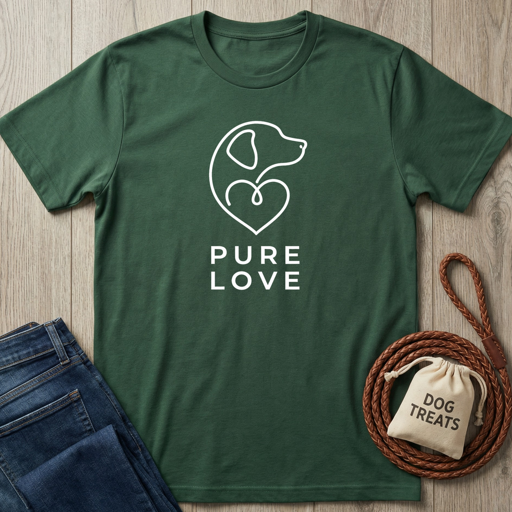 Dark green cotton Pure Love T-shirt with white dog and heart graphic, next to jeans and dog treats.
