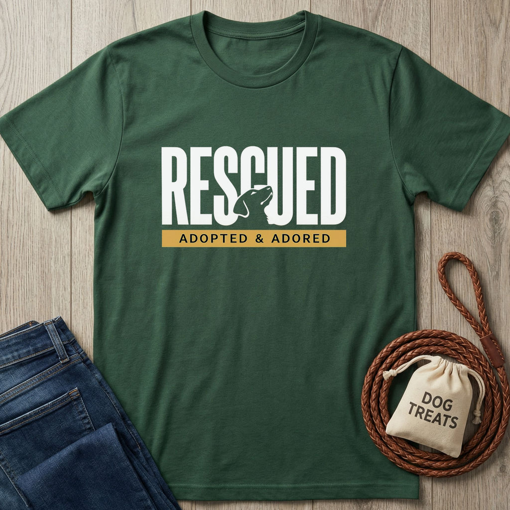 Dark green Gildan Softstyle® "Rescued" t-shirt with a dog silhouette, "Adopted & Adored" text, jeans, and dog treats.