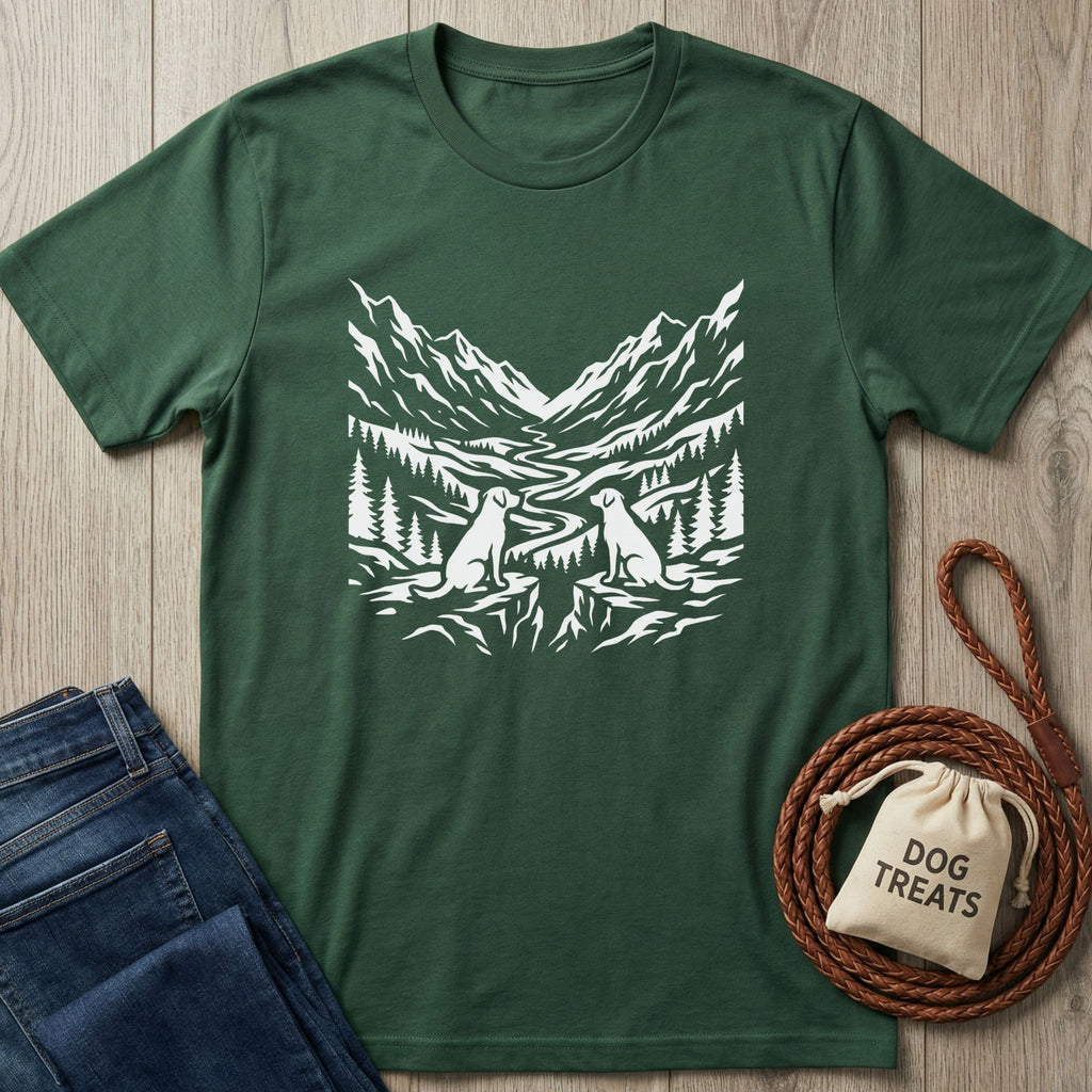 Forest green Rescue Ridge T-shirt with white mountain, forest, and two dog design.