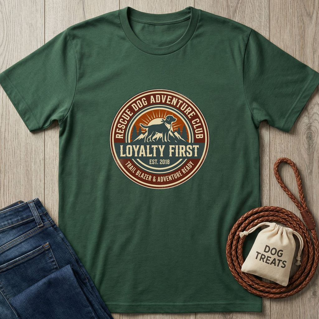 Dark green Gildan Softstyle t-shirt with a "Rescue Dog Adventure Club" graphic, paired with jeans and dog treats.