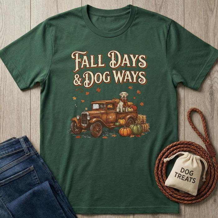 Dark green cotton t-shirt with "Fall Days & Dog Ways" text, vintage truck, yellow lab, and pumpkins.