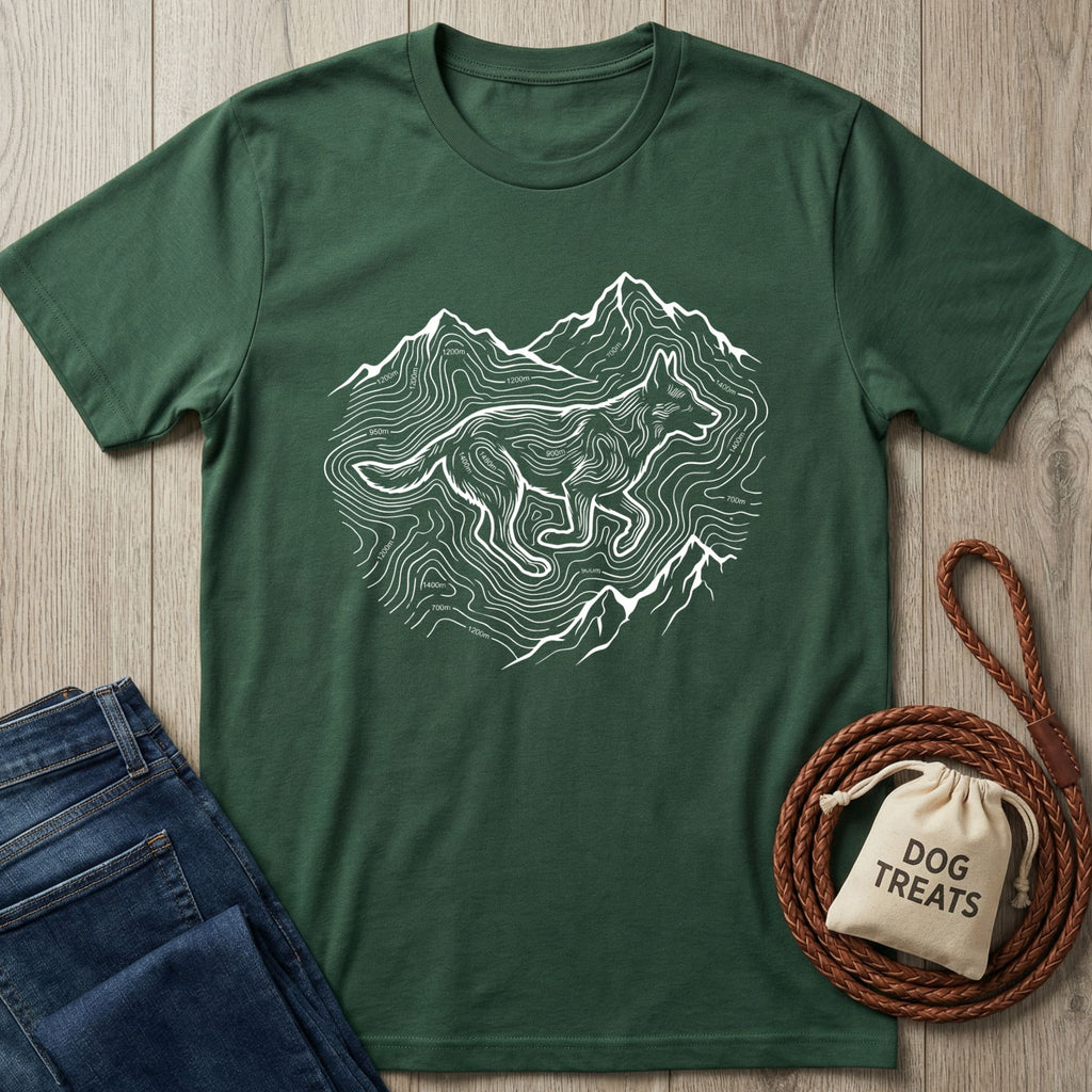 Dark green cotton t-shirt with white topographic mountain and running dog graphic, next to jeans and dog treats.