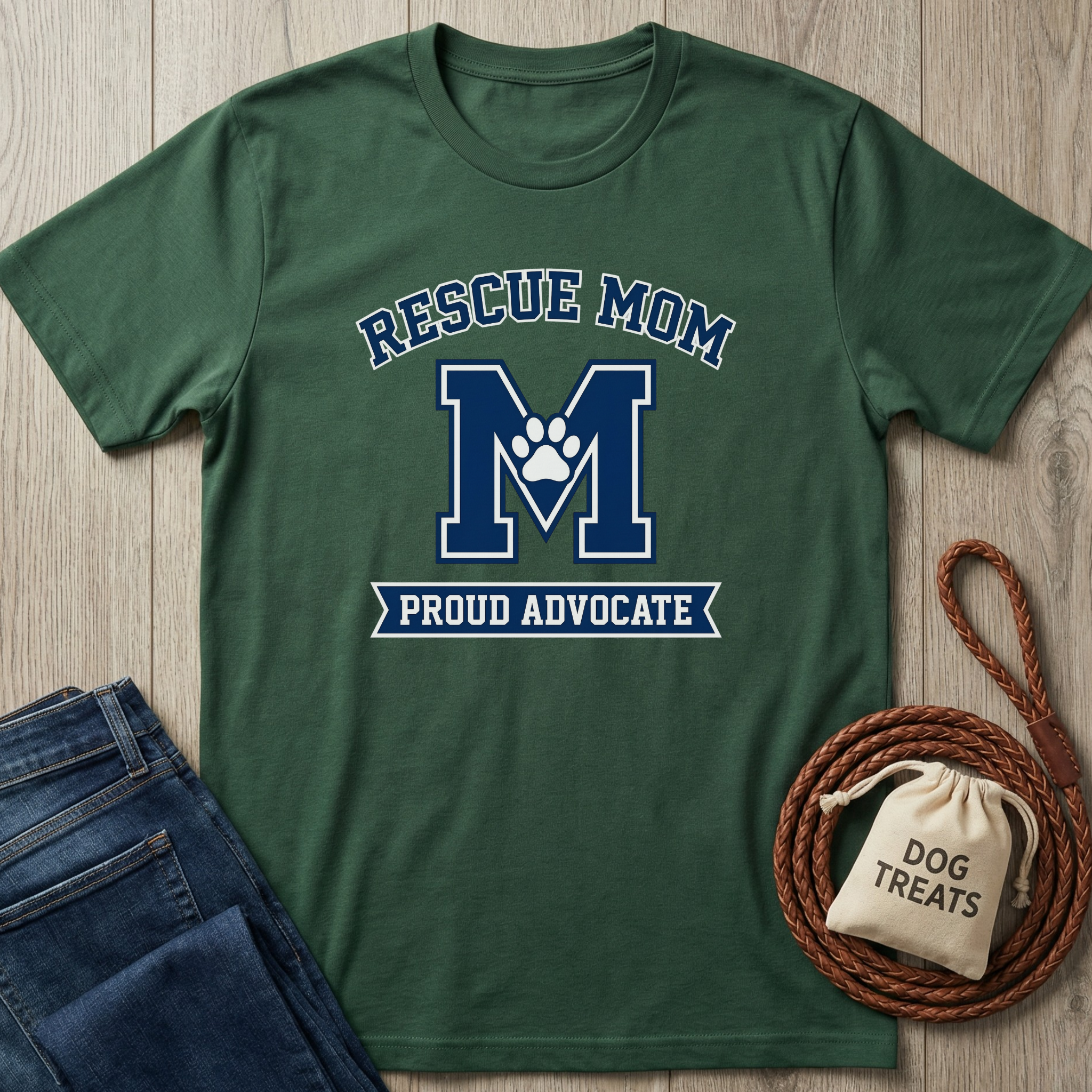 Forest green cotton t-shirt with "RESCUE MOM M PROUD ADVOCATE" design and paw print.