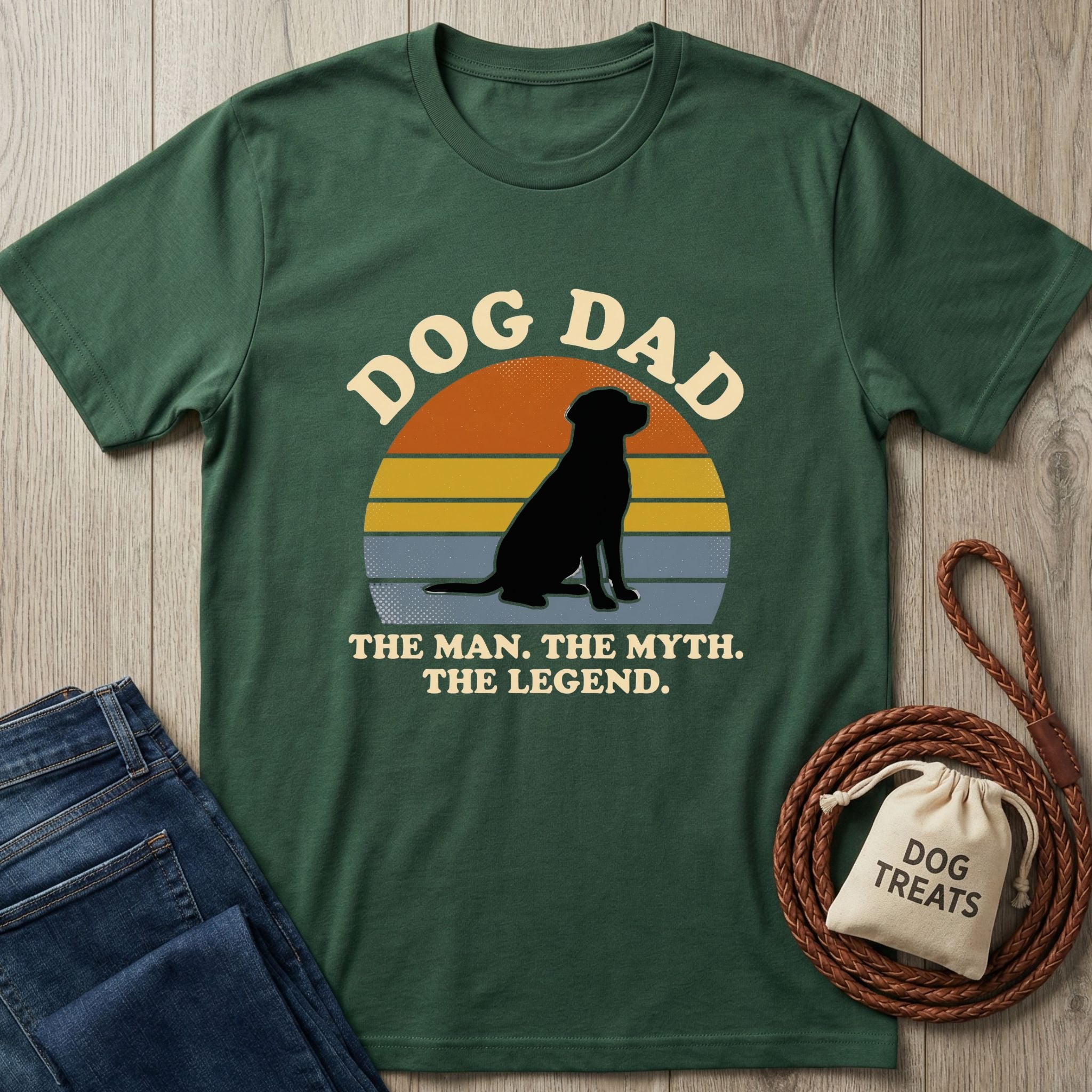 Forest green "Dog Dad" t-shirt with a black dog silhouette against a sunset, next to jeans and dog treats.