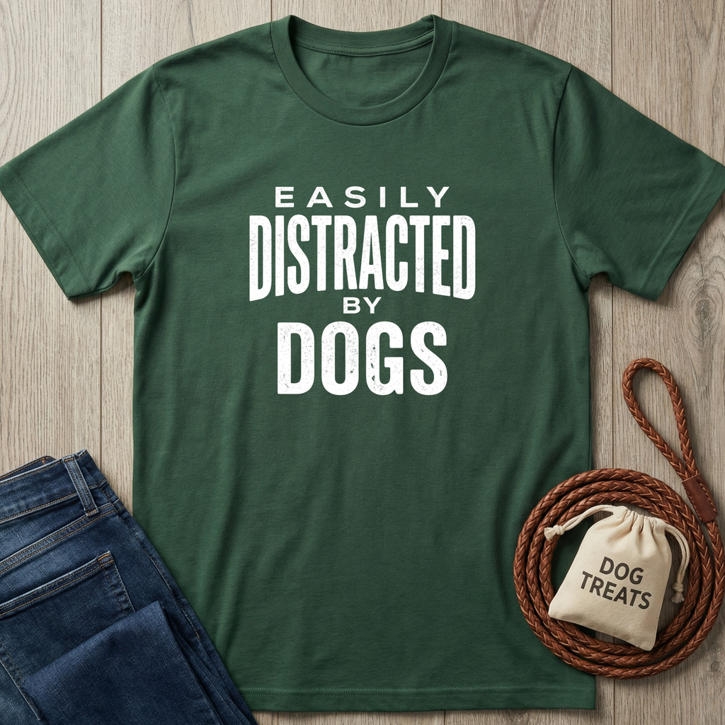 Forest green Gildan Softstyle® t-shirt with "Easily Distracted By Dogs" in white text, next to jeans and dog treats.