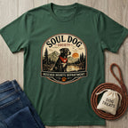 Forest green cotton t-shirt with a "Soul Dog Society" graphic featuring a black dog by a lake at sunset.