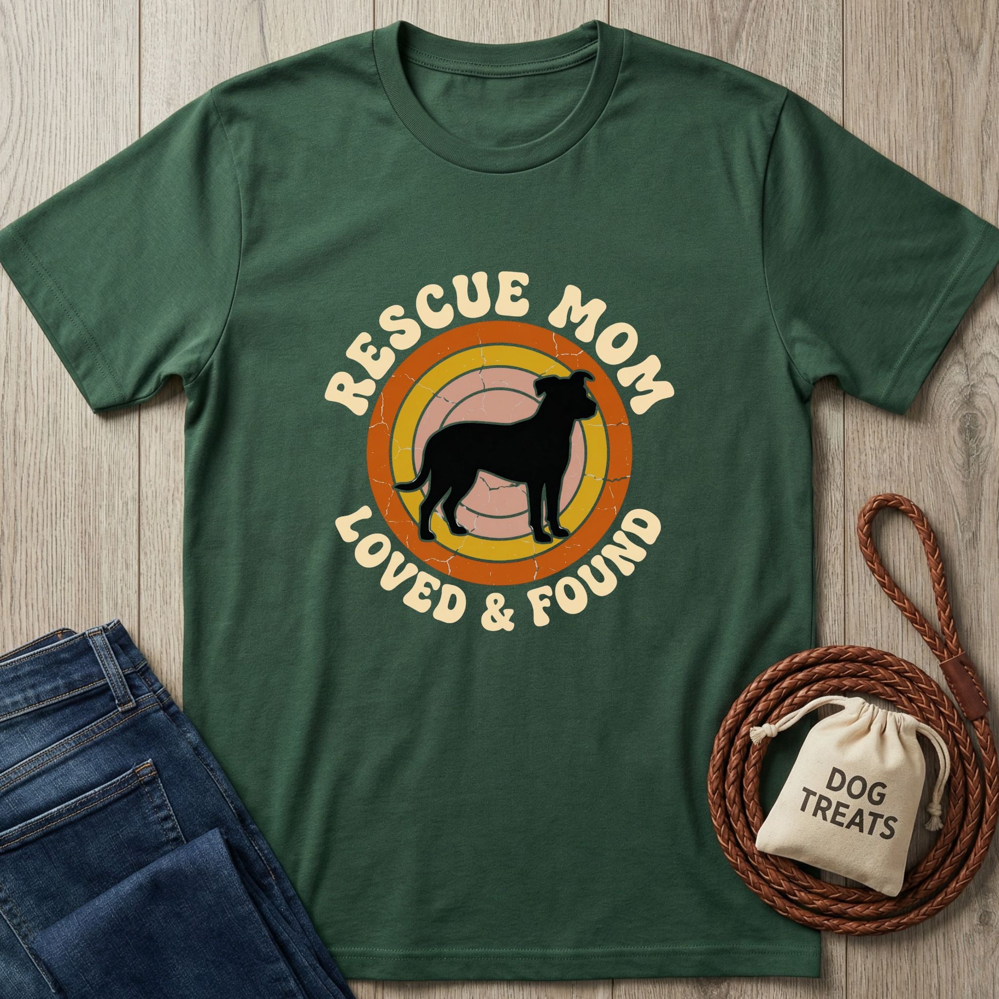 Dark green "Rescue Mom Loved & Found" t-shirt with a dog silhouette, jeans, and dog treats bag.