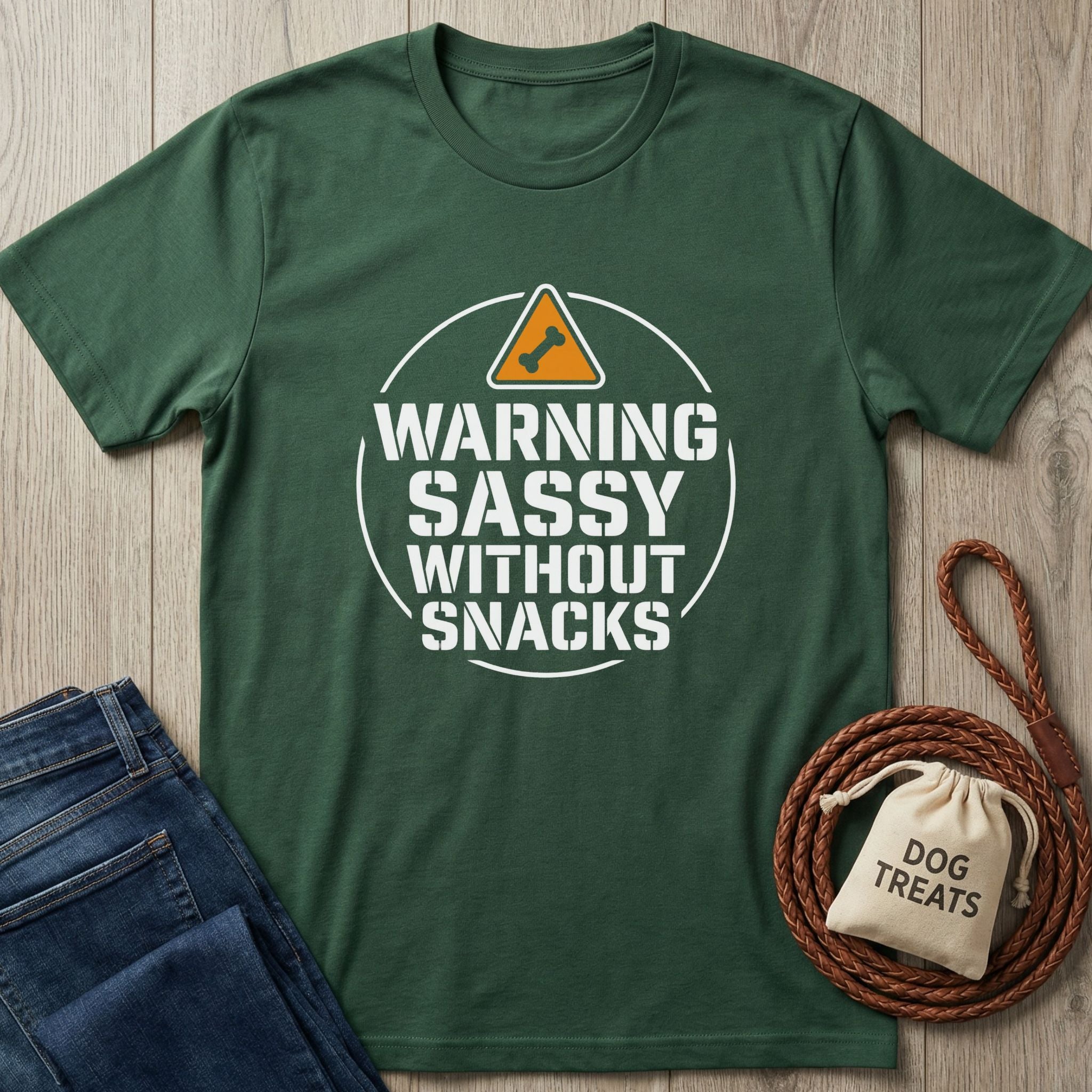 Dark green Gildan Softstyle t-shirt with "WARNING SASSY WITHOUT SNACKS" text and a dog bone icon.