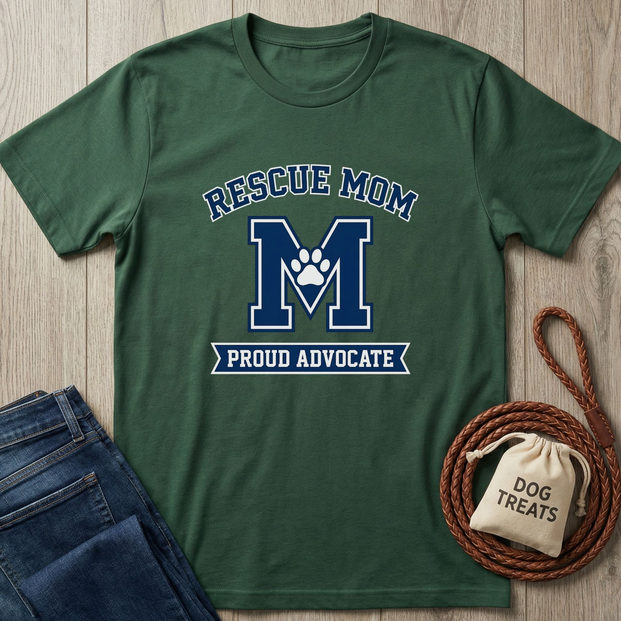 Forest green Gildan Softstyle® t-shirt with "Rescue Mom M Proud Advocate" design and paw print.