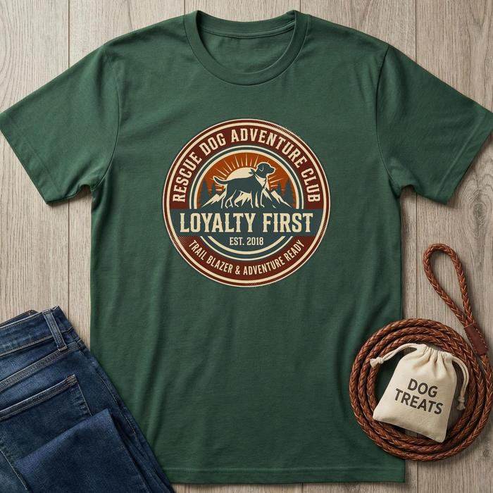 Forest green cotton t-shirt with "Rescue Dog Adventure Club" logo, jeans, and dog treats bag.