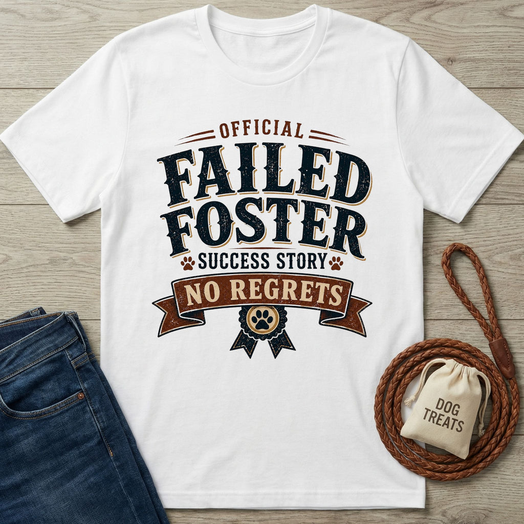 White "Official Failed Foster Success Story No Regrets" t-shirt with dog paw details, next to jeans and dog treats.