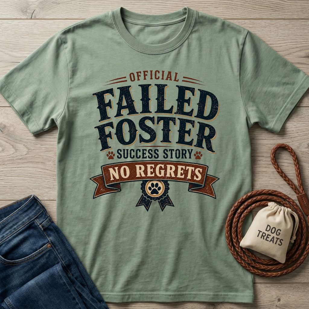 Sage green "Official Failed Foster Success Story No Regrets" t-shirt with a dog paw print design, next to jeans and dog treats.