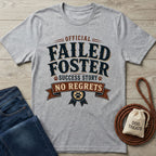 Heather gray "Official Failed Foster Success Story No Regrets" t-shirt with jeans, leash, and treat bag.