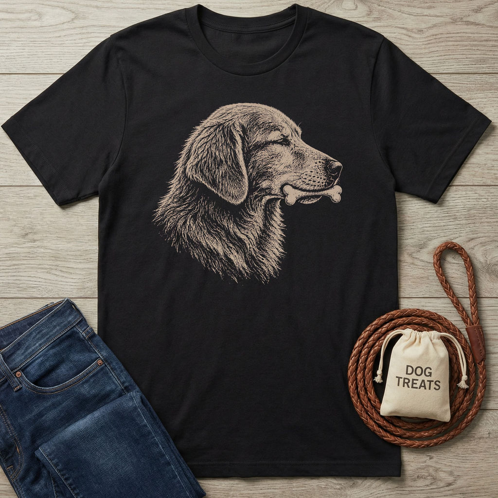 Black cotton t-shirt with a sketch-style golden retriever holding a bone, next to jeans and dog treats.