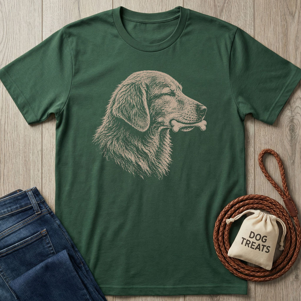 Forest green t-shirt with a sketch-style portrait of a happy dog holding a bone.