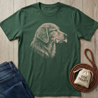 Forest green t-shirt with a sketch-style portrait of a happy dog holding a bone.