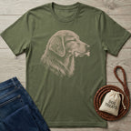Olive green t-shirt with a sketch-style portrait of a happy dog holding a bone.