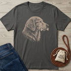 Charcoal gray t-shirt with a sketch-style tan dog holding a bone.