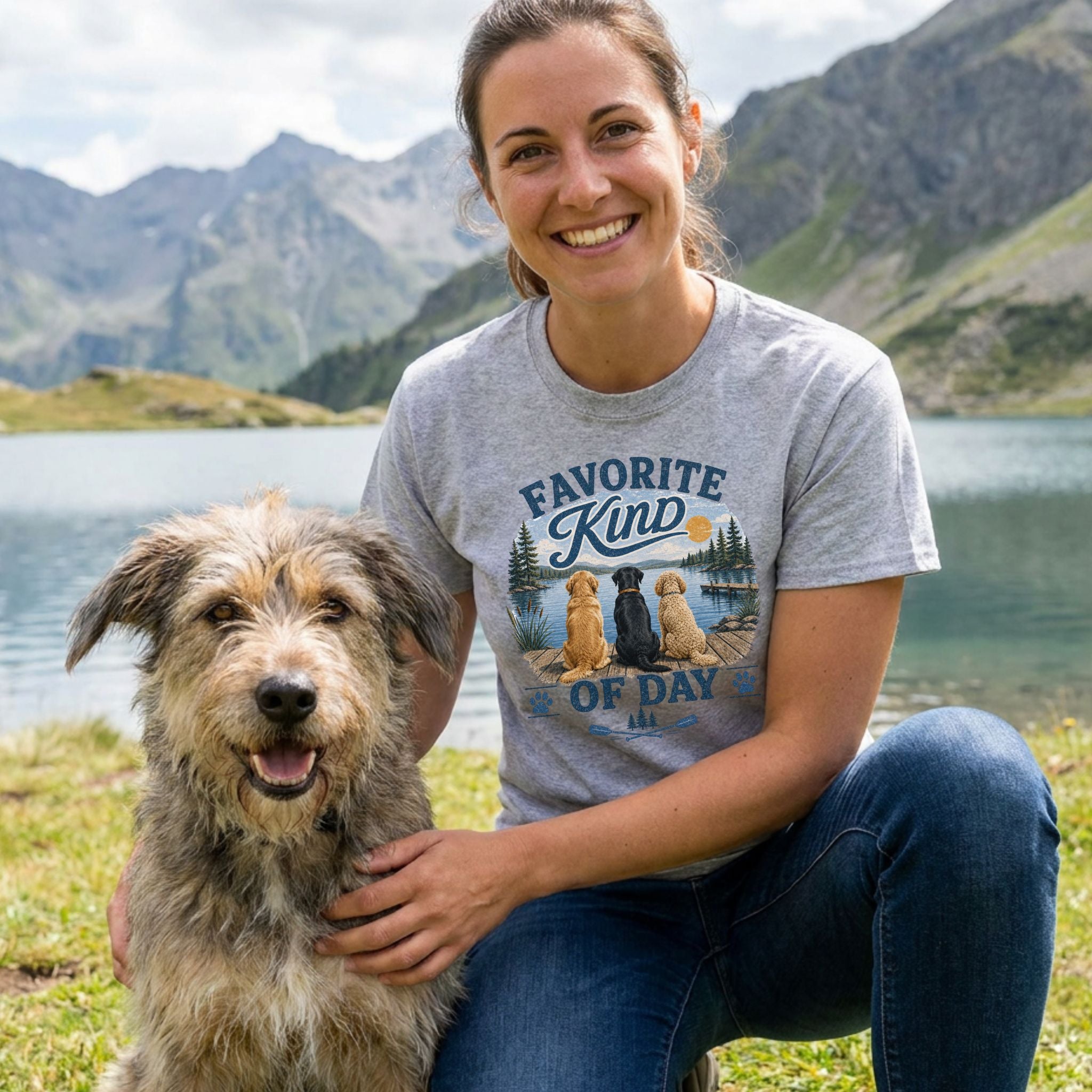 Woman wearing a heather gray t-shirt with a graphic of three dogs on a dock by a lake, posing outdoors with her dog.