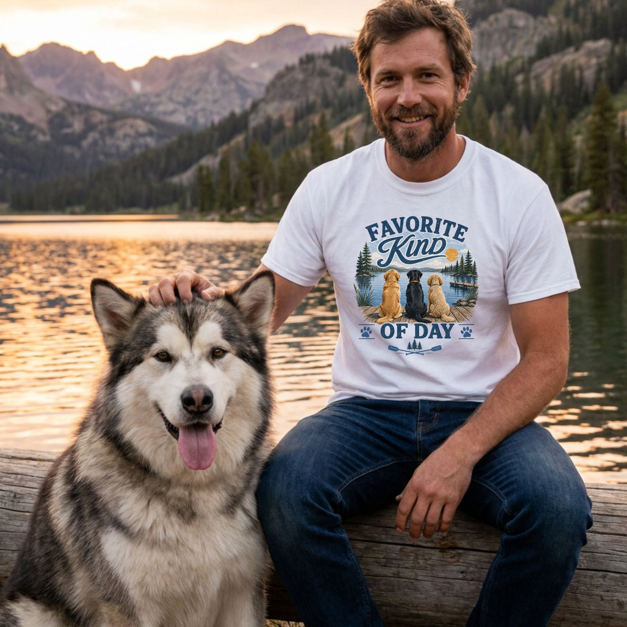 Man wearing a white graphic t-shirt featuring three dogs on a dock, sitting by a mountain lake with his Alaskan Malamute.