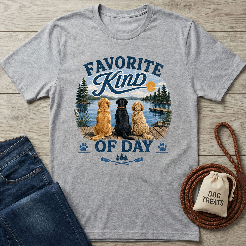 Heather gray crewneck t-shirt featuring a graphic of three dogs sitting on a wooden dock overlooking a lake at sunset.
