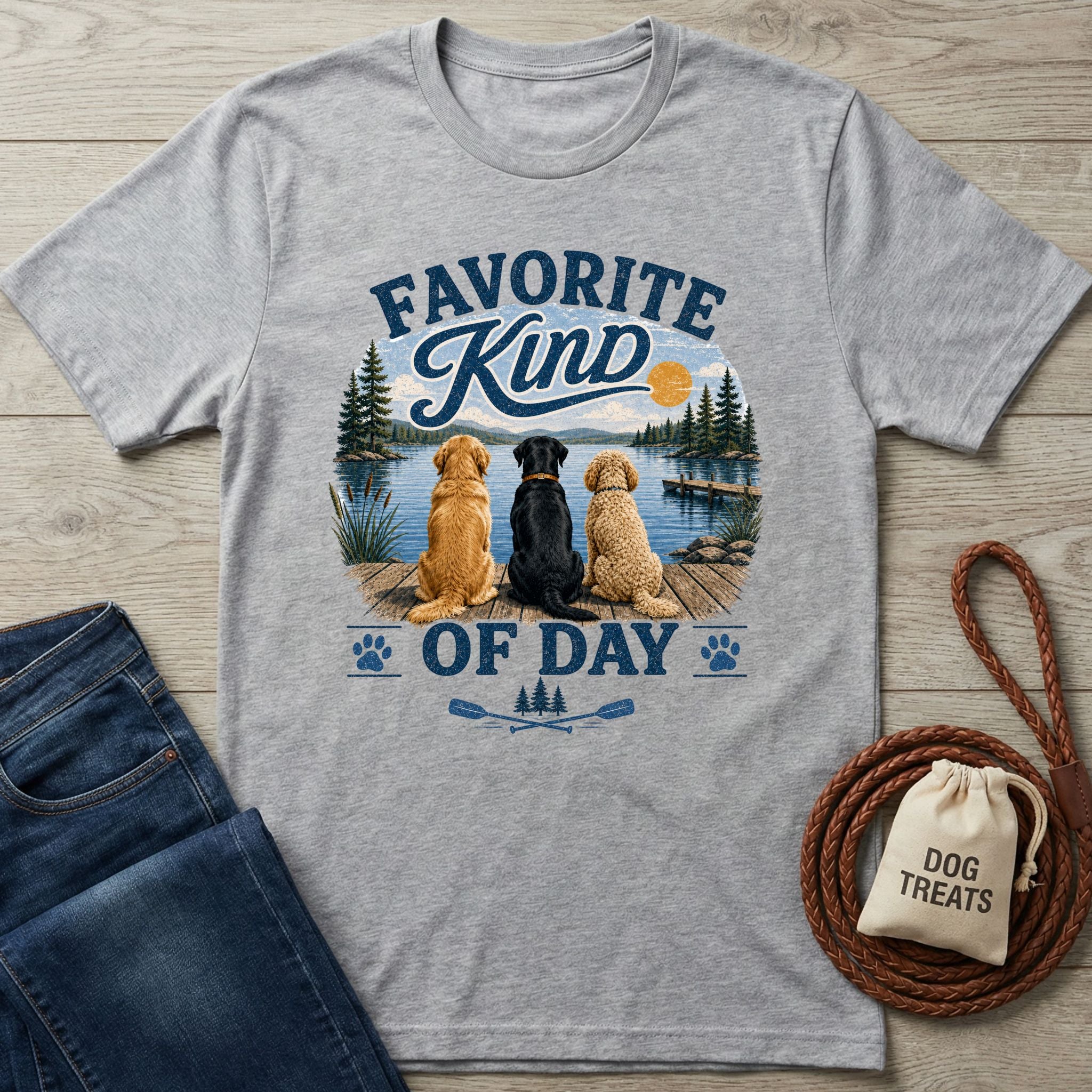Heather gray crewneck t-shirt featuring a graphic of three dogs sitting on a wooden dock overlooking a lake at sunset.