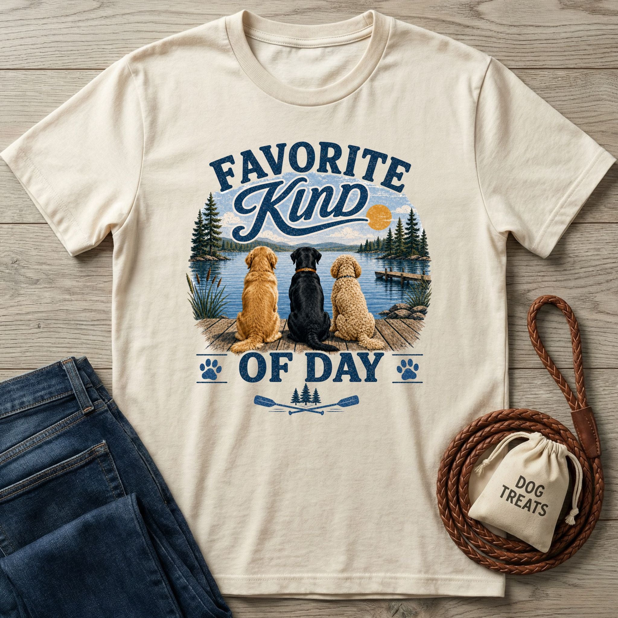 Cream-colored crewneck t-shirt featuring a graphic of three dogs sitting on a dock by a lake with vintage-style typography.