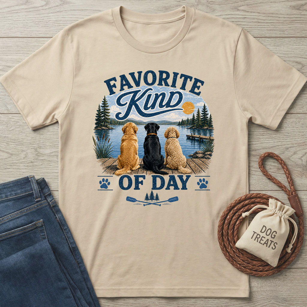 Beige crewneck t-shirt featuring a graphic of three dogs sitting on a dock by a lake with the text Favorite Kind of Day.