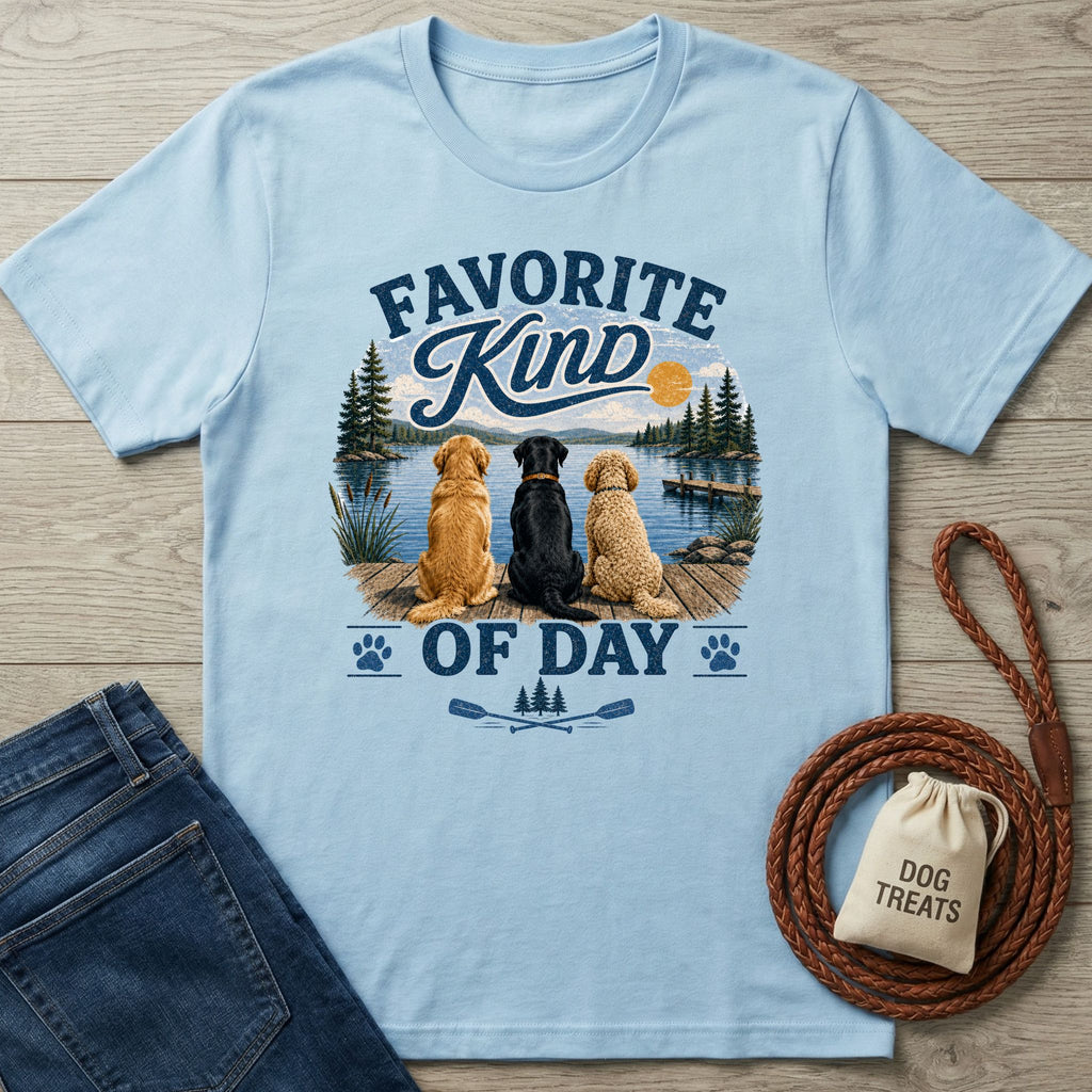 Light blue crewneck t-shirt featuring three dogs sitting on a wooden dock overlooking a lake with the text Favorite Kind of Day.