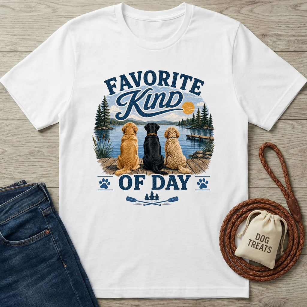 White cotton t-shirt featuring three dogs sitting on a dock by a lake with the text Favorite Kind of Day.