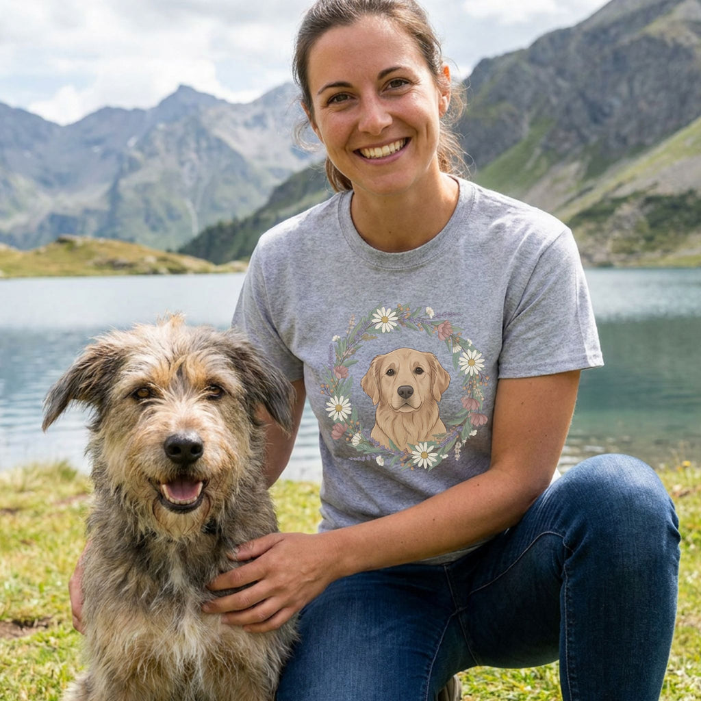 Woman in a grey Gildan Softstyle tee with a Golden Retriever in a floral wreath, next to a dog by a lake.
