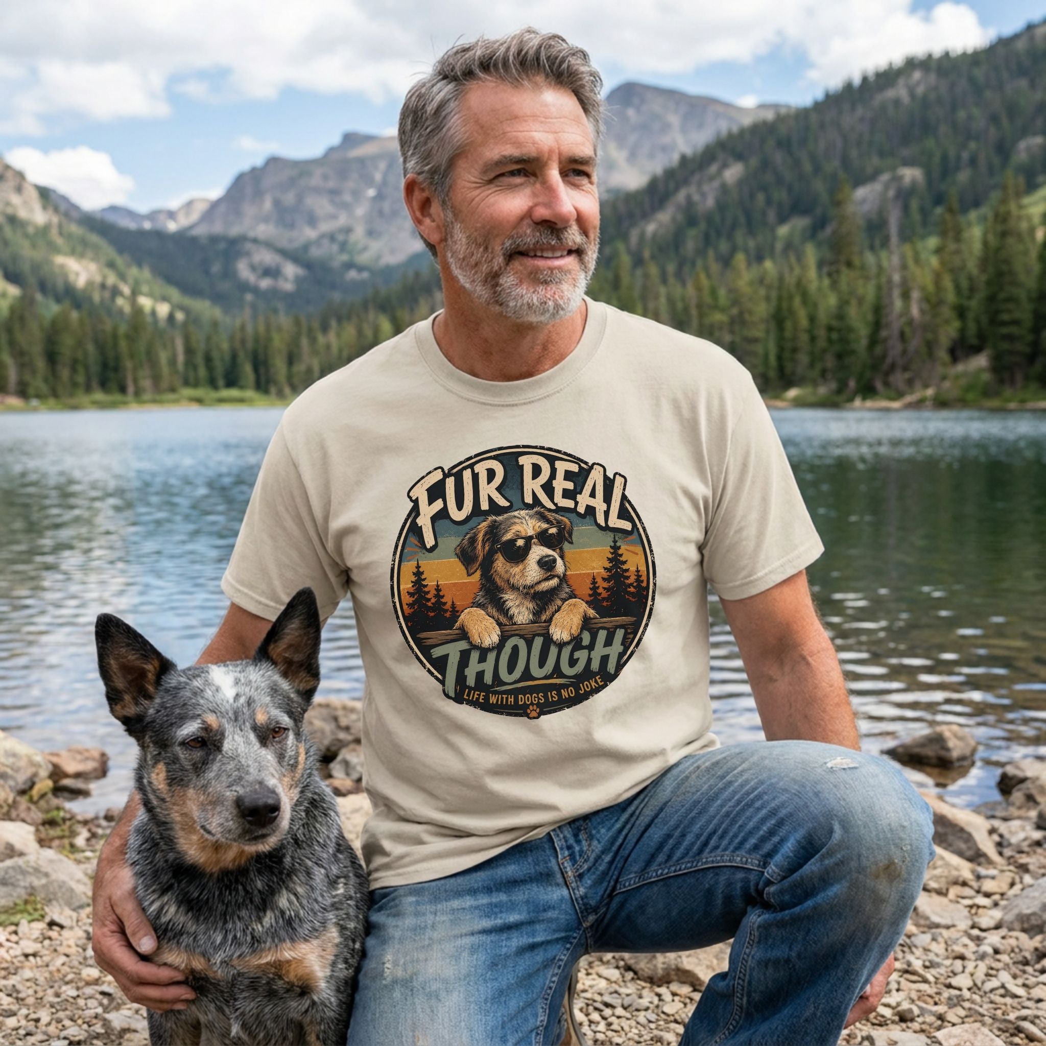 Beige crewneck t-shirt featuring a retro graphic of a dog in sunglasses with the text Fur Real Though by a mountain lake.