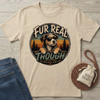 Beige crewneck t-shirt featuring a retro graphic of a dog in sunglasses with the text Fur Real Though.
