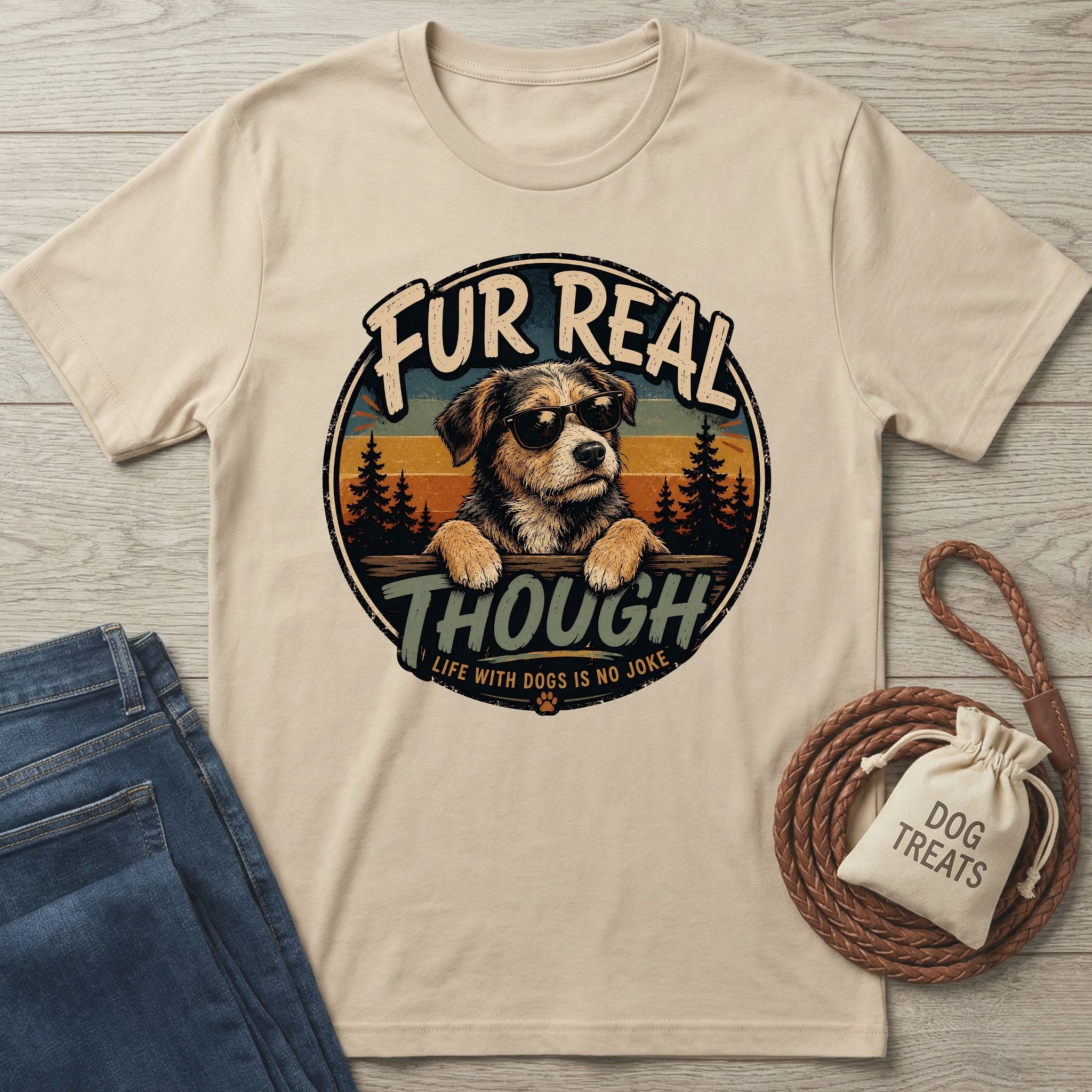Beige crewneck t-shirt featuring a retro graphic of a dog in sunglasses with the text Fur Real Though.